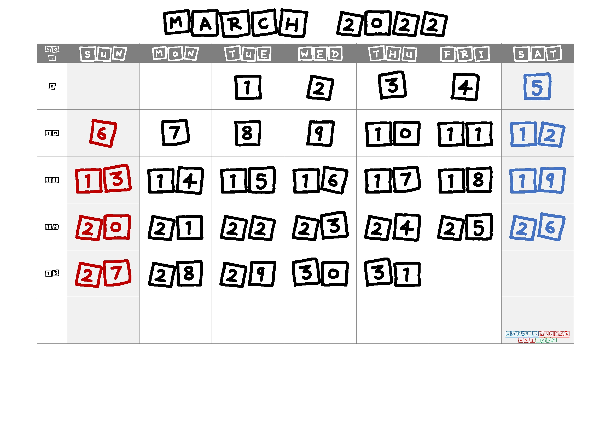 Printable March 2022 Calendar With Week Numbers