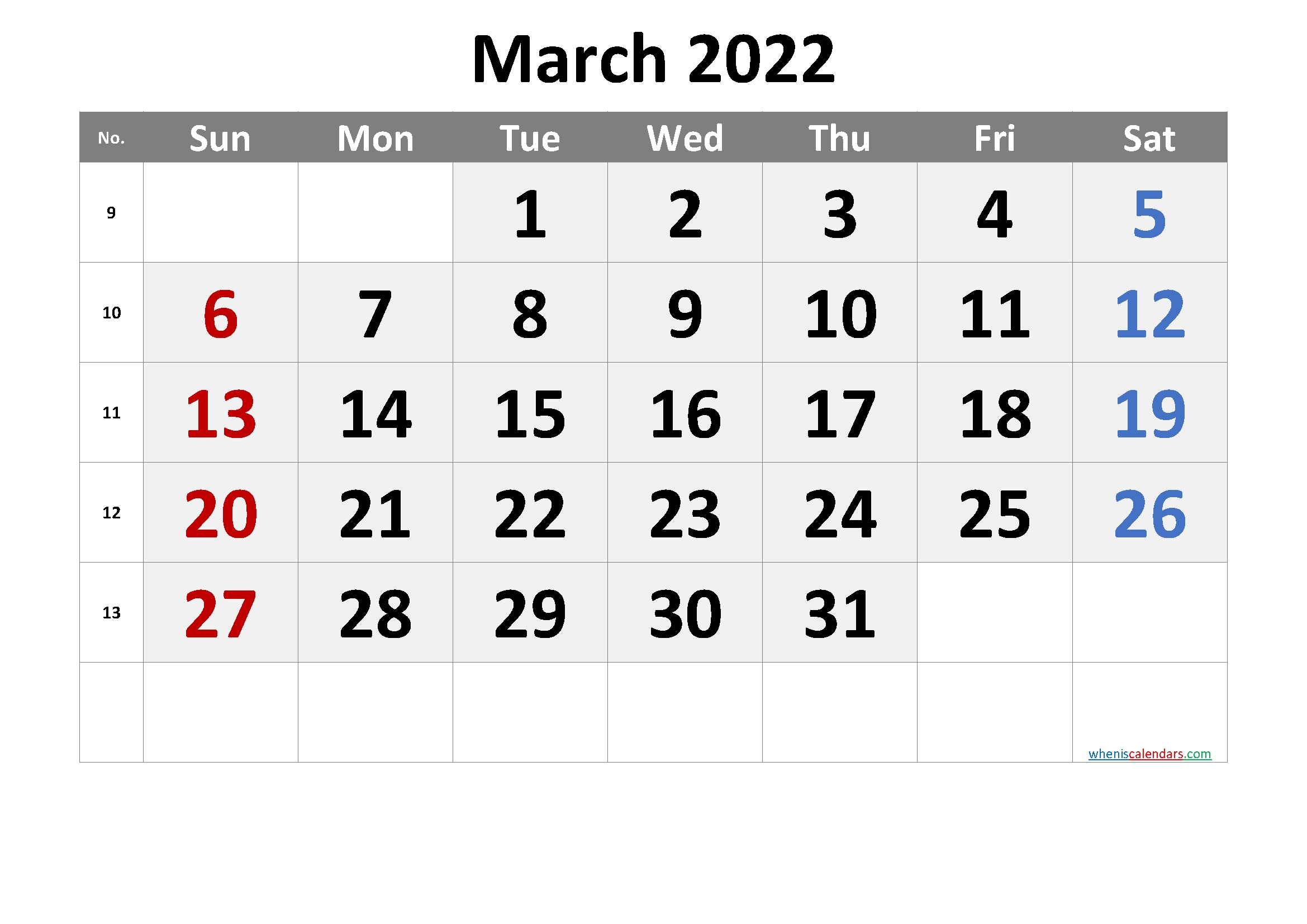 Printable March 2022 Calendar