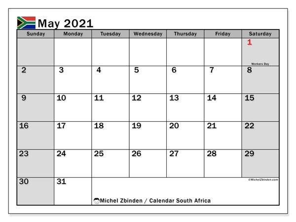 Printable May 2021 &quot;South Africa (Ss)&quot; Calendar - Michel