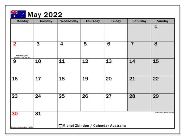 Printable May 2022 &quot;Australia&quot; Calendar - Michel Zbinden En