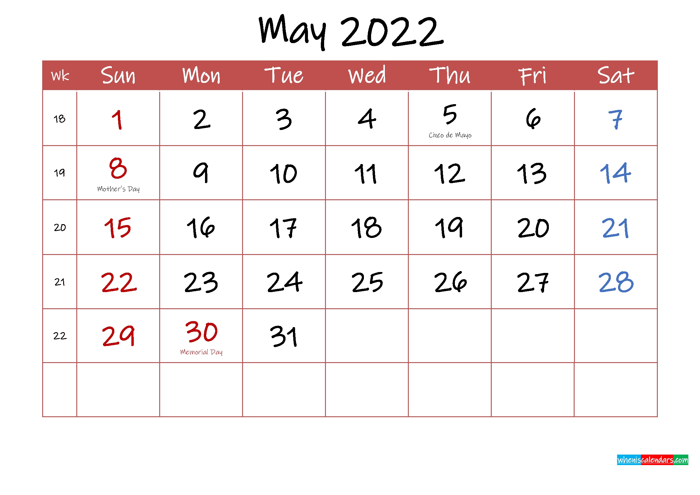 Printable May 2022 Calendar With Holidays - Template