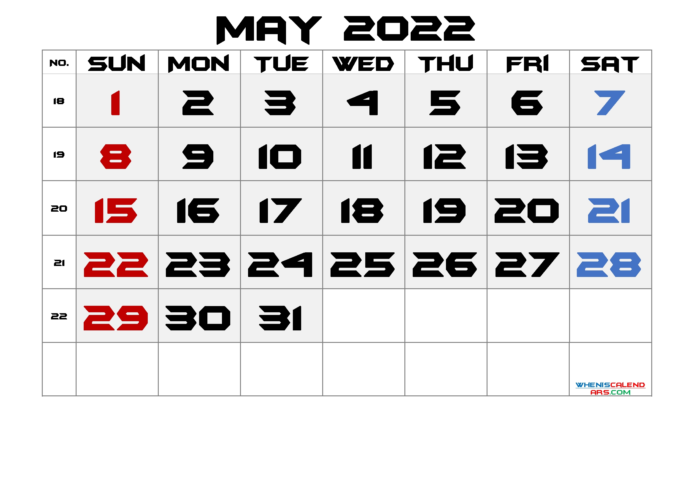 Printable May 2022 Calendar With Week Numbers - Free