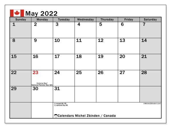 Printable May 2022 &quot;Canada&quot; Calendar - Michel Zbinden En