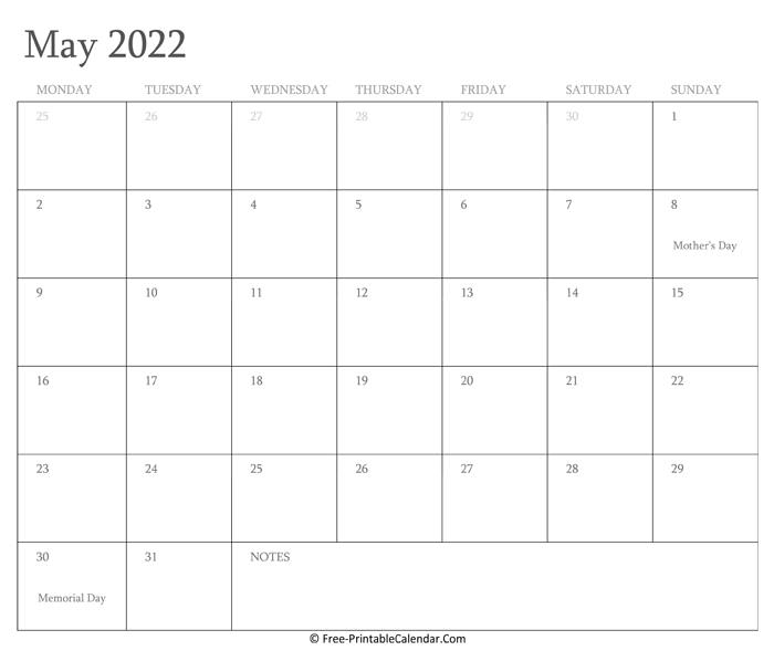 Printable May Calendar 2022 With Holidays