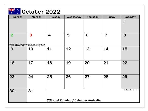 Printable October 2022 &quot;Australia (Ss)&quot; Calendar - Michel