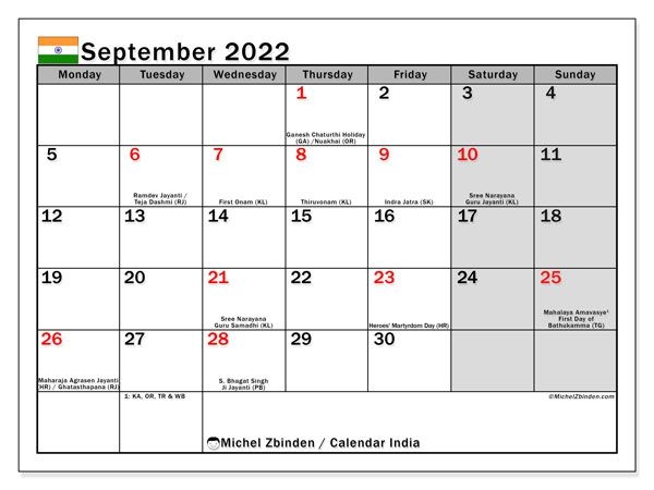 Printable September 2022 &quot;India&quot; Calendar - Michel Zbinden En
