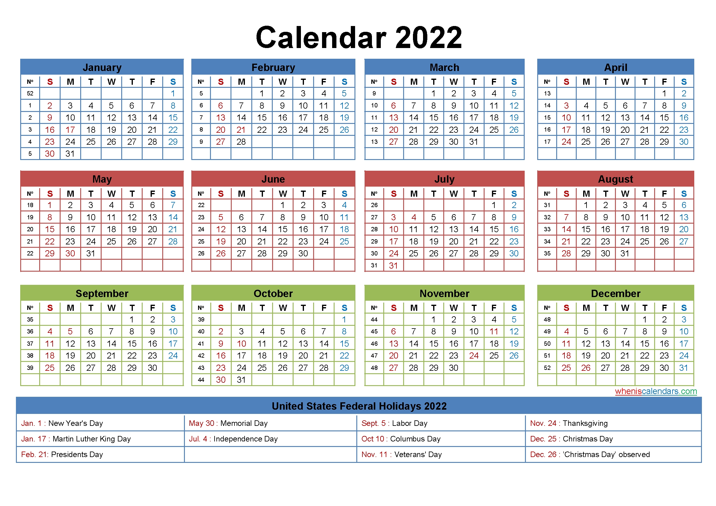 Printable Yearly 2022 Calendar With Holidays Word, Pdf