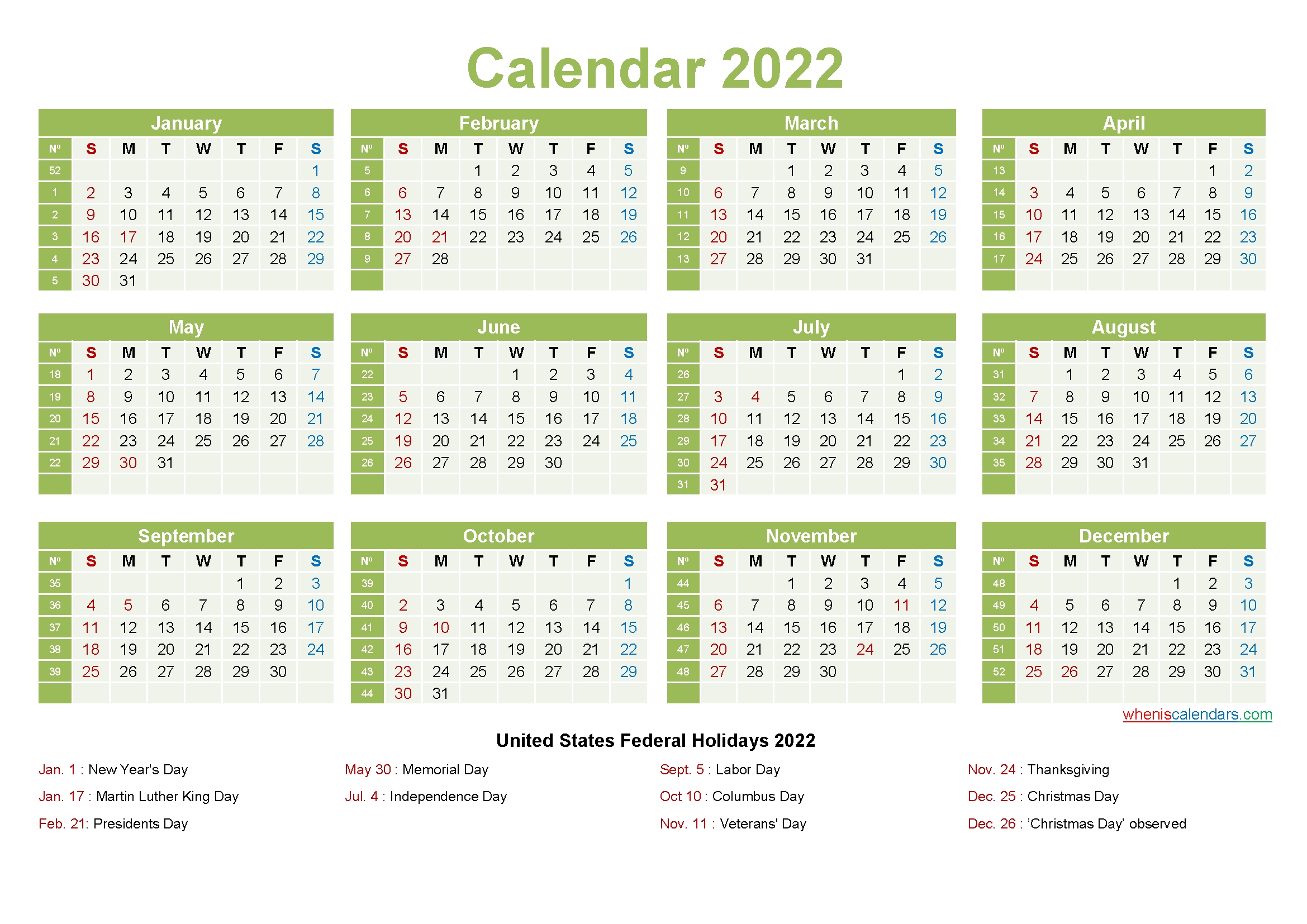 Printable Yearly 2022 Calendar With Holidays Word, Pdf