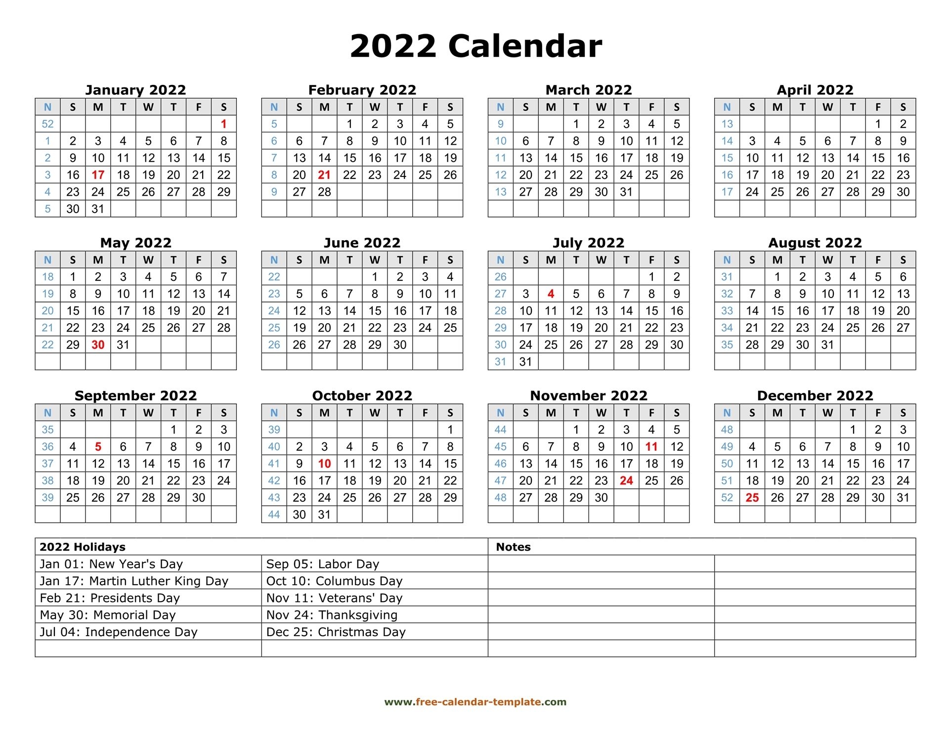 Printable Yearly Calendar 2022 | Free-Calendar-Template