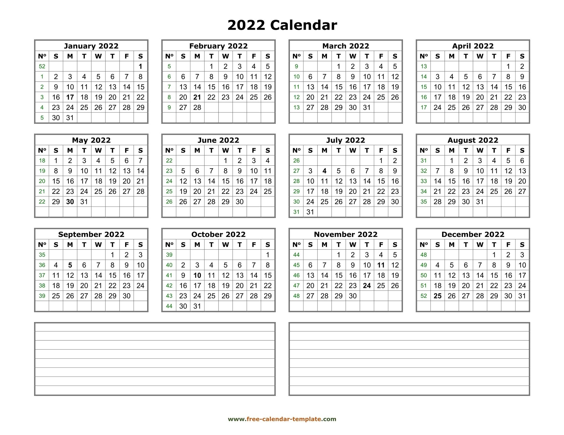 Printable Yearly Calendar 2022 | Free-Calendar-Template