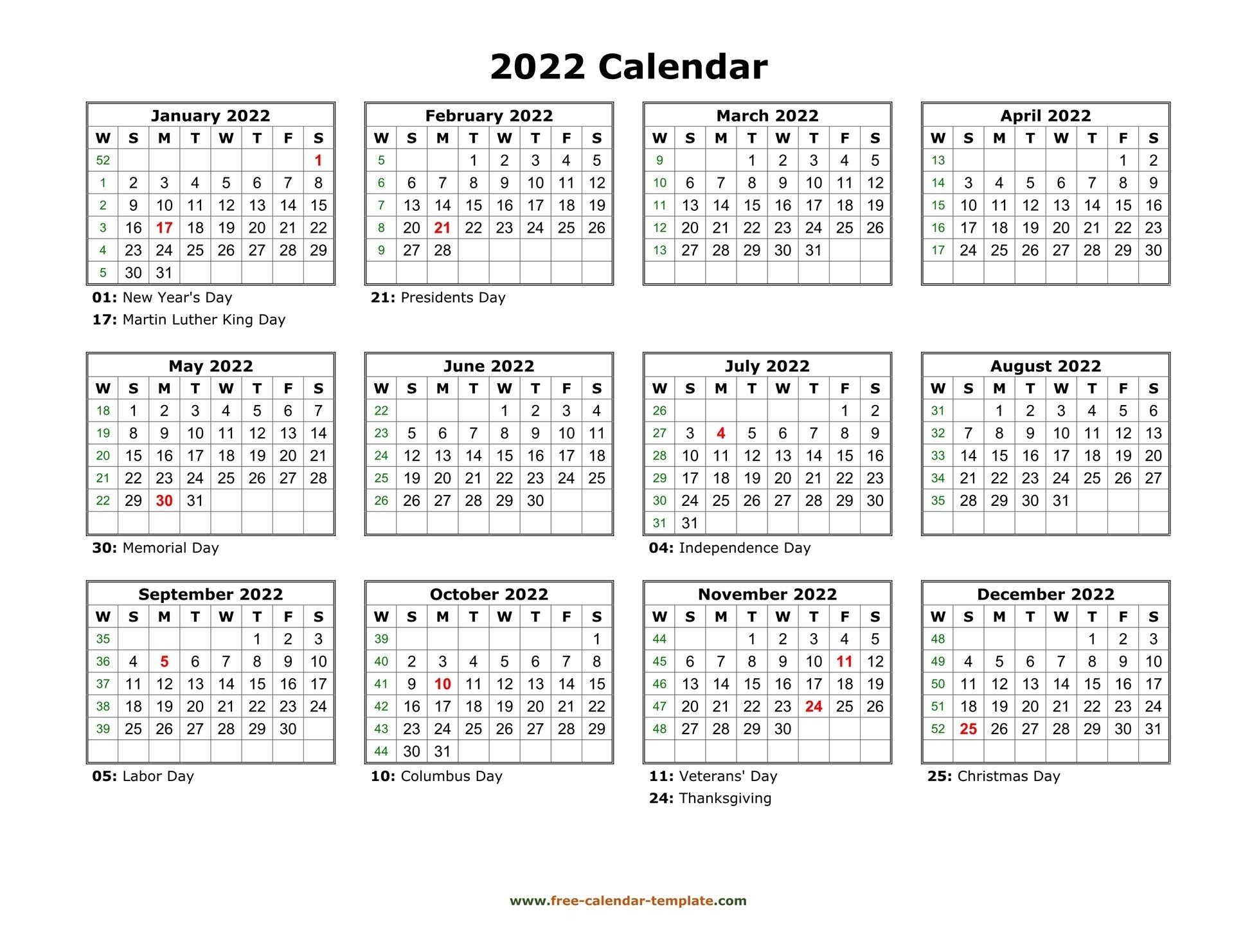 Printable Yearly Calendar 2022 | Free-Calendar-Template