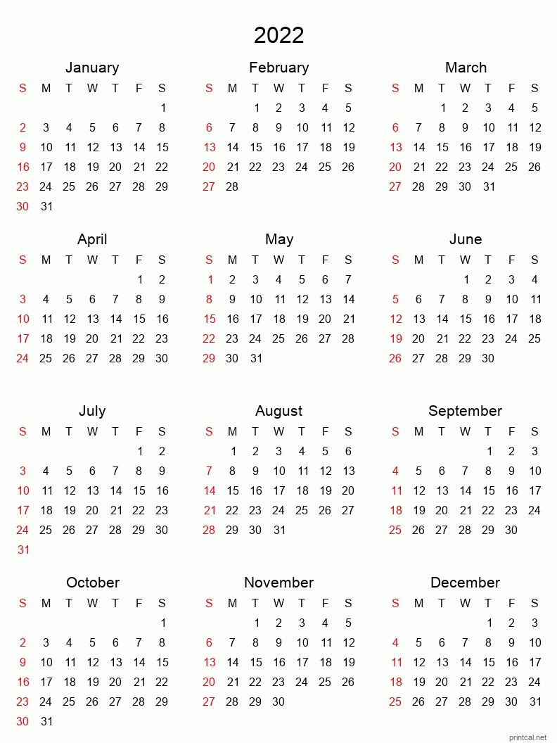 Printable Yearly Calendar 2022, Full-Year | Free Printable