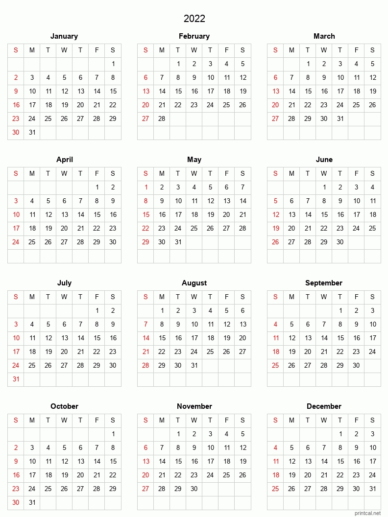 Printable Yearly Calendar 2022, Full-Year | Free Printable