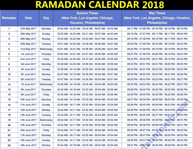 Ramadan 2018 Calendar