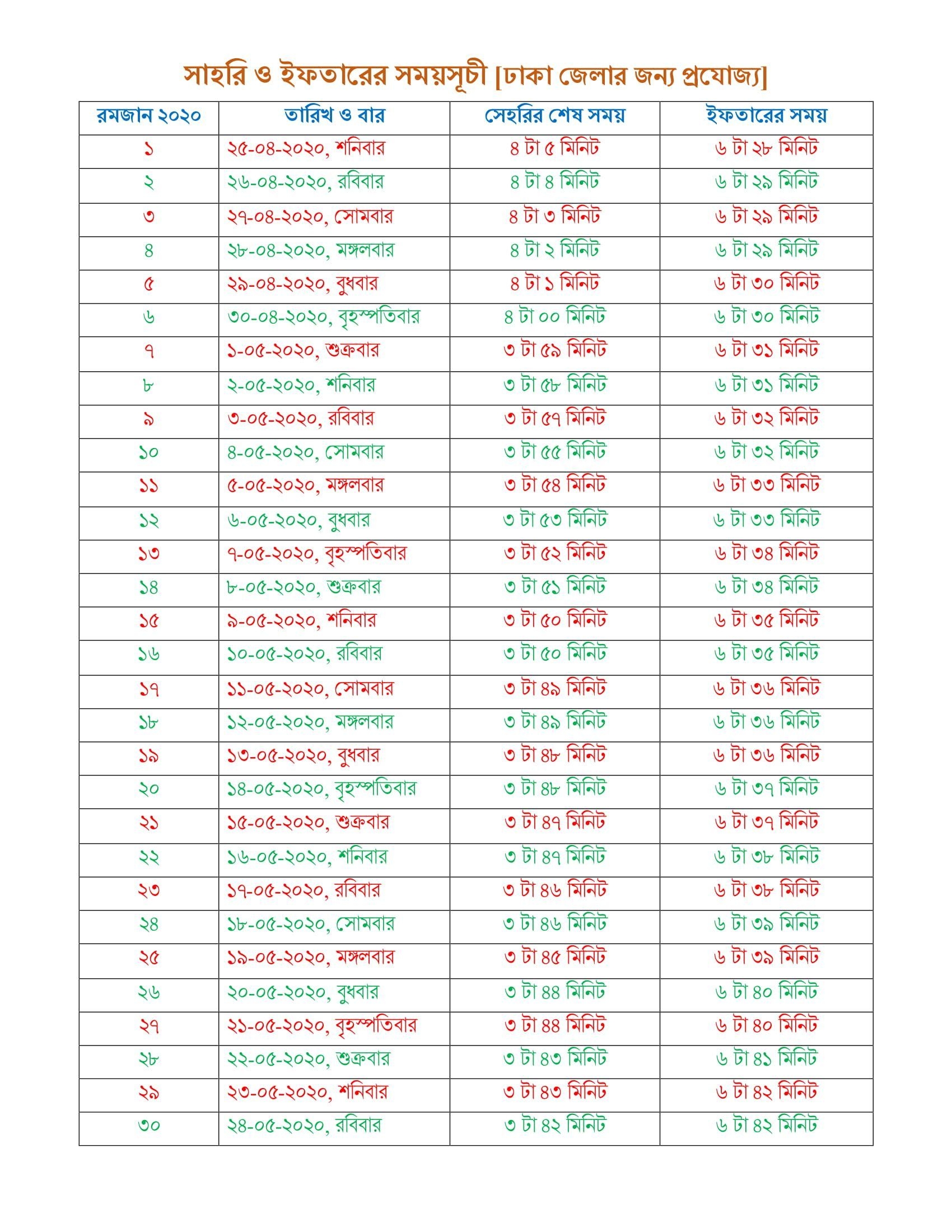 Ramadan Calendar 2020 For Dhaka, Bangladesh In 2020