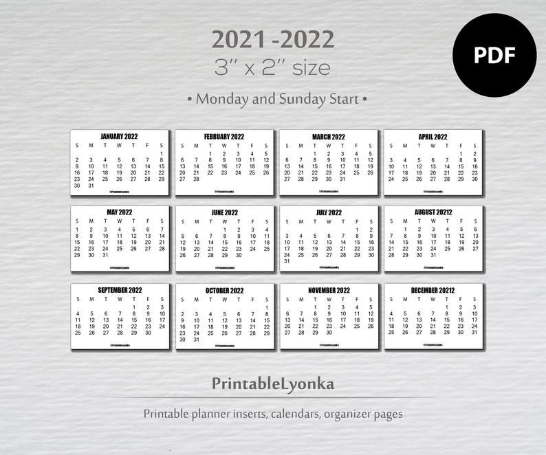 Renew 3 X 2 Inch Mini Calendars 2021-2022/ Small Printable