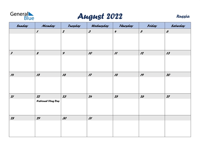 Russia August 2022 Calendar With Holidays