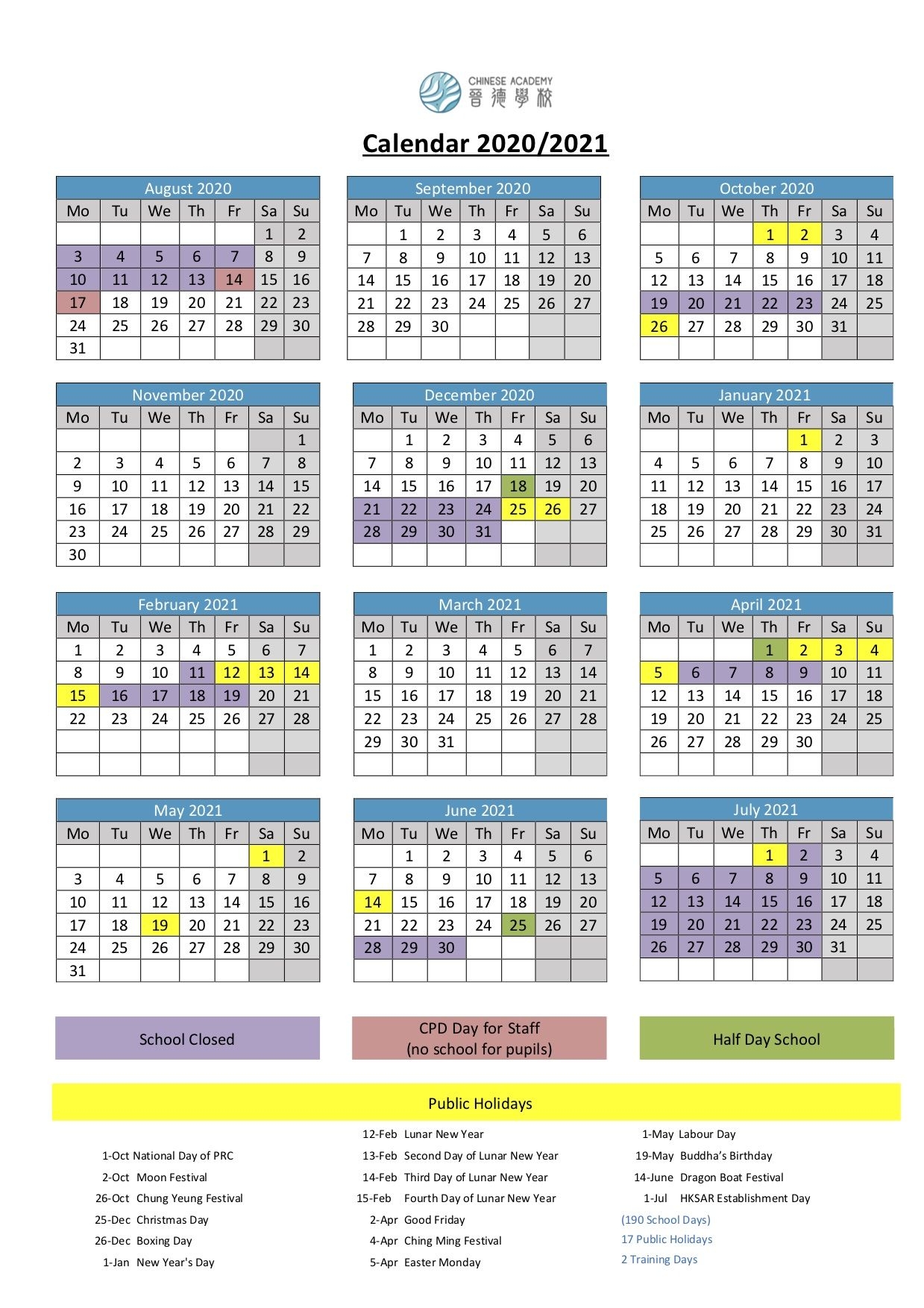 School Calendar 2020/2021 - Chinese Academy 晉德學校