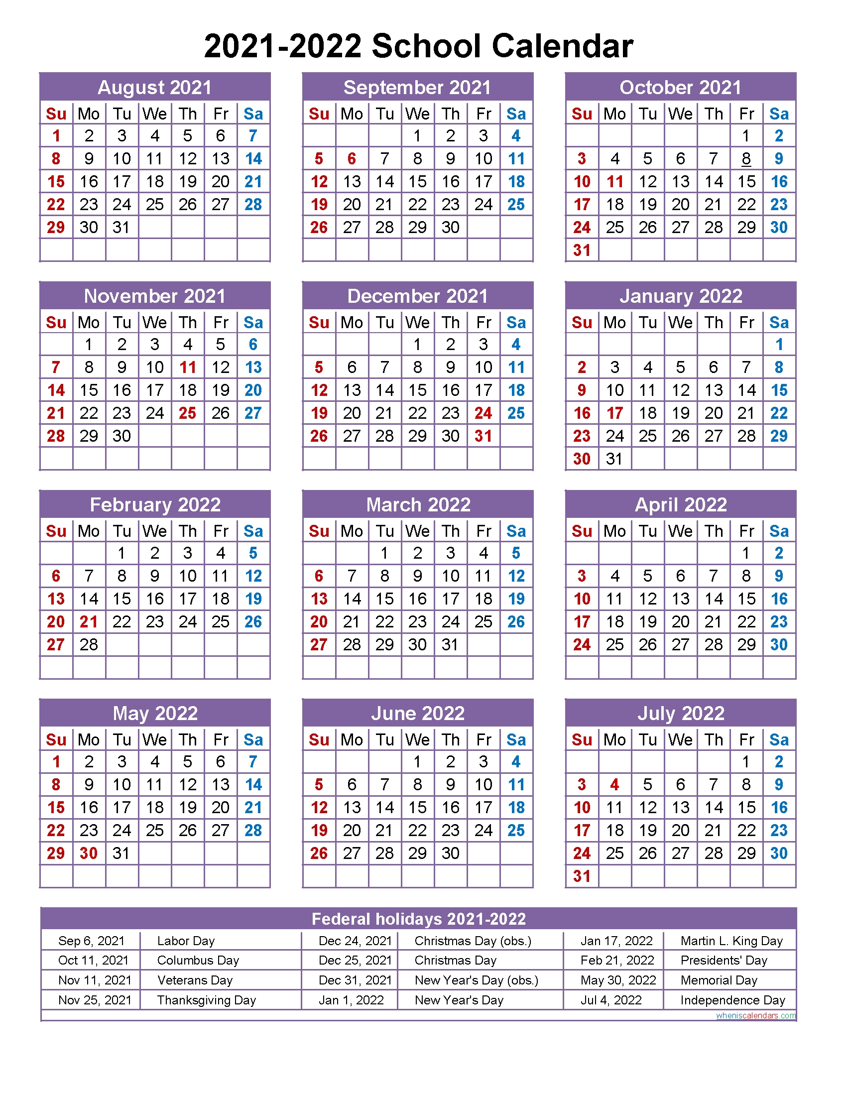 School Calendar 2021 And 2022 Printable (Portrait