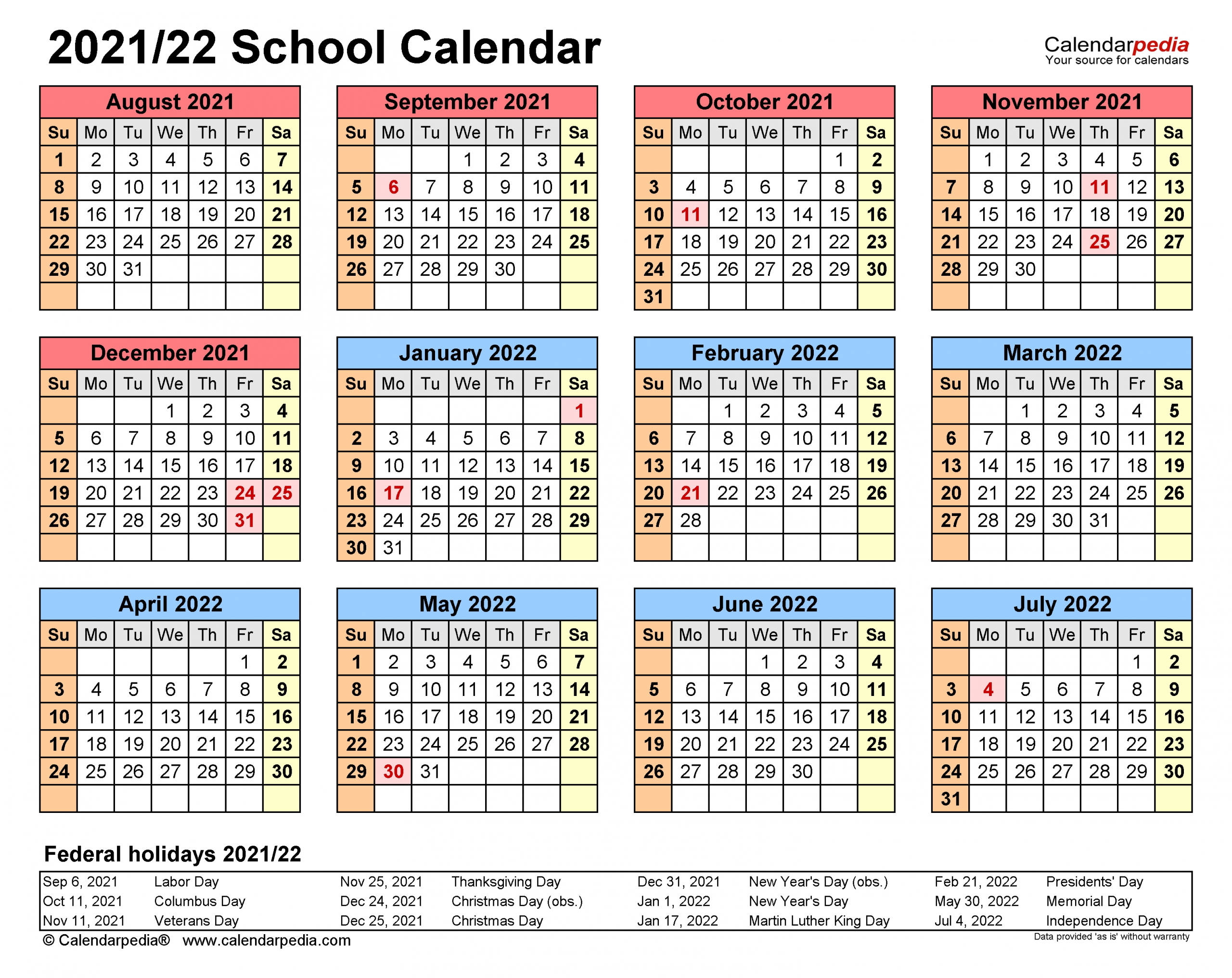 School Calendars 2021/2022 - Free Printable Pdf Templates