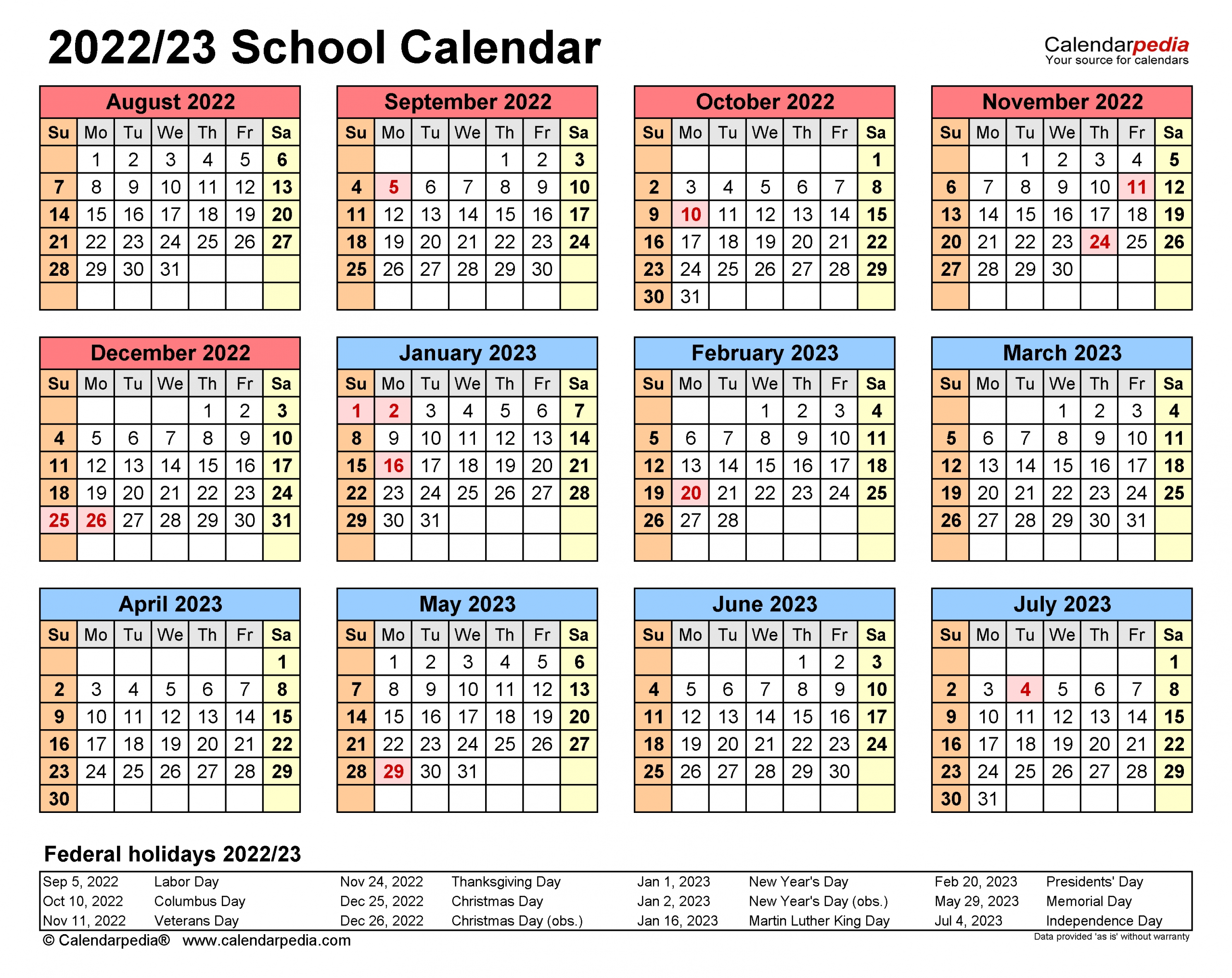 School Calendars 2022/2023 - Free Printable Excel Templates