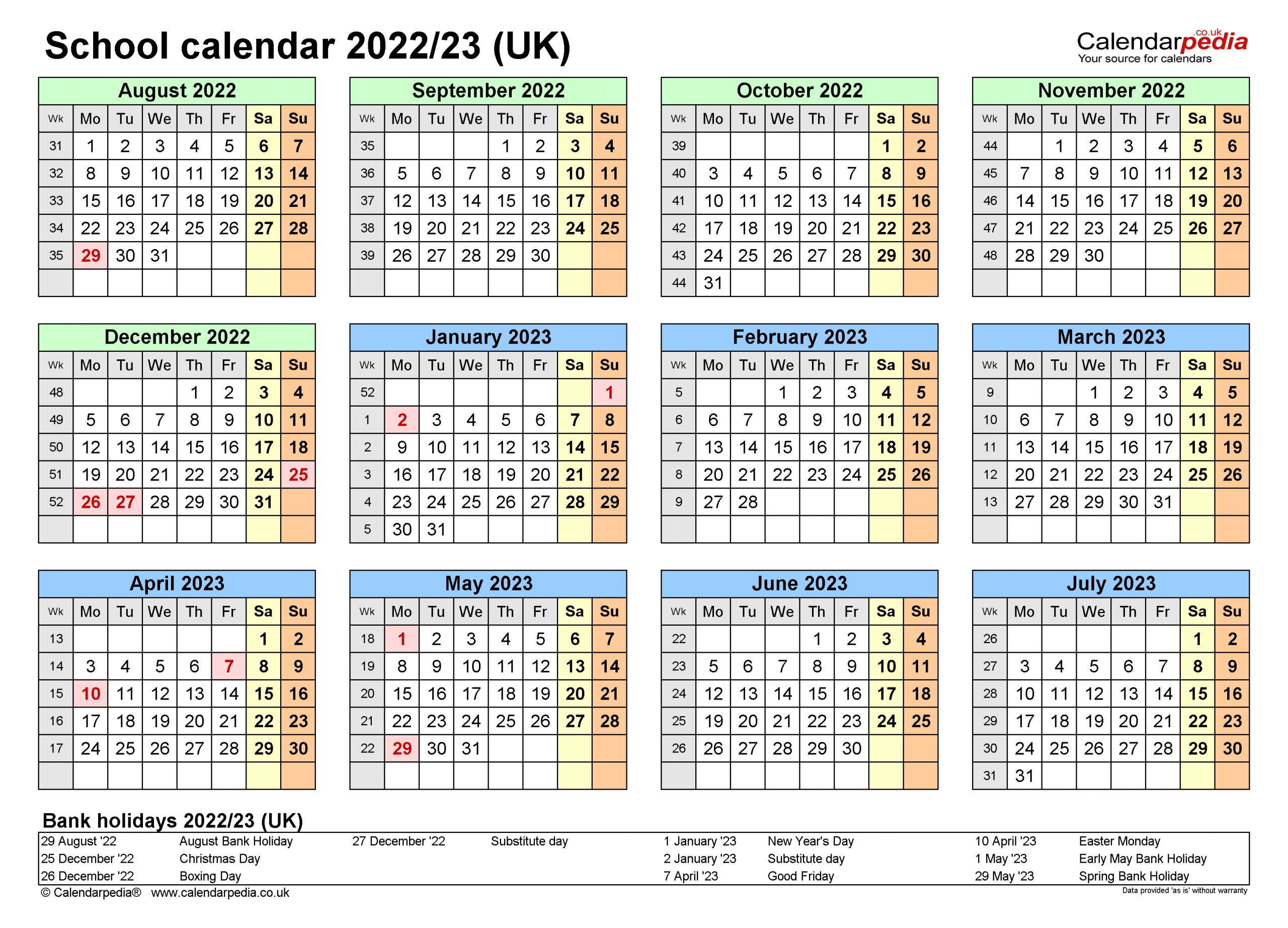 School Calendars 2022/23 Uk - Free Printable Word Templates