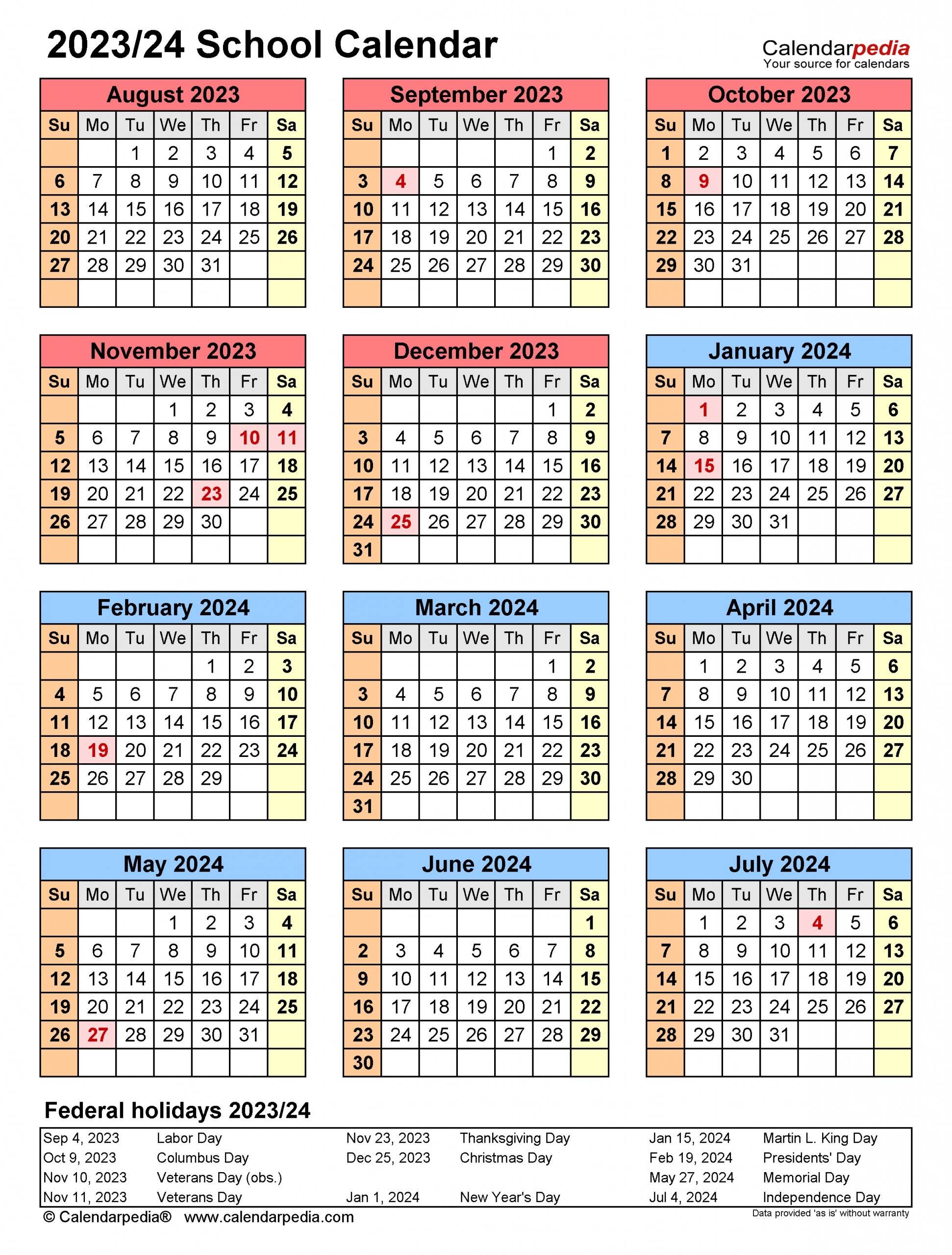 School Calendars 2023/2024 - Free Printable Pdf Templates