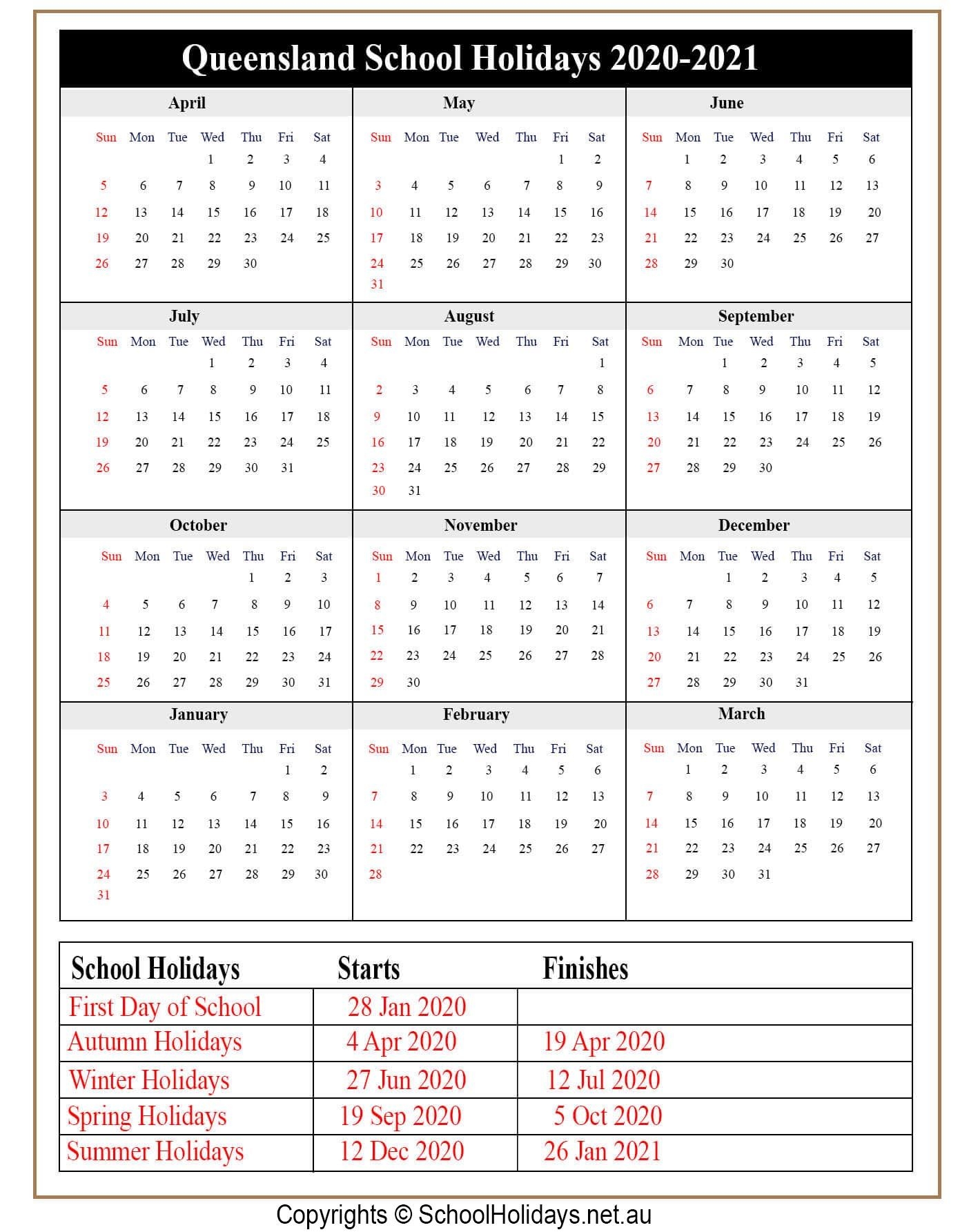 Free 2022 Calendar Qld School