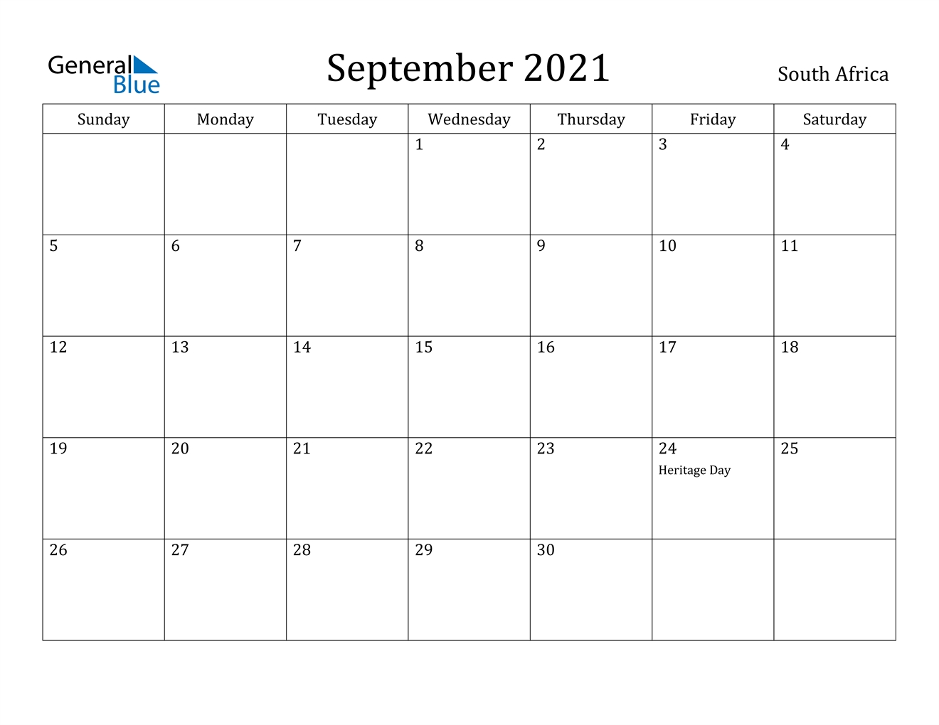 September 2021 Calendar - South Africa