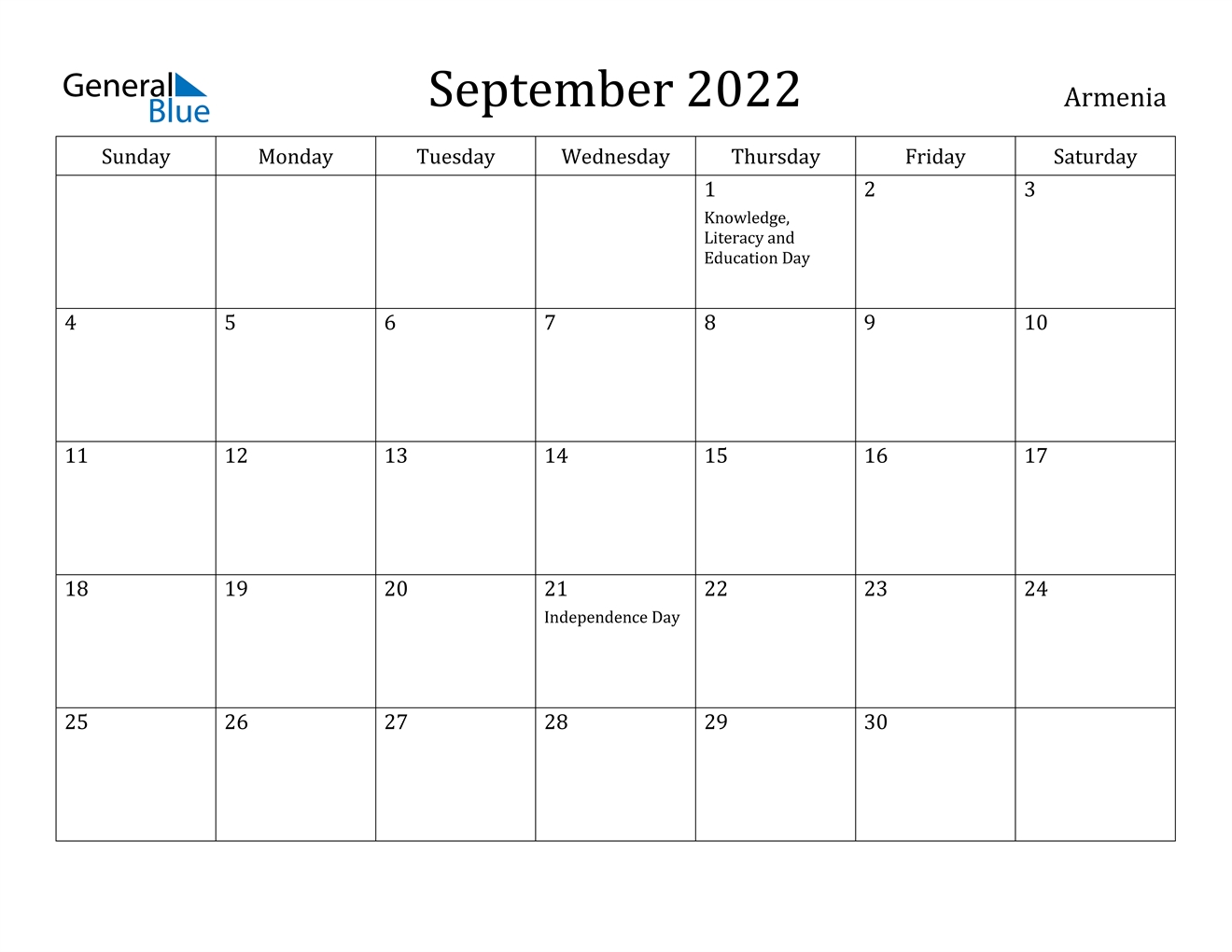 September 2022 Calendar - Armenia