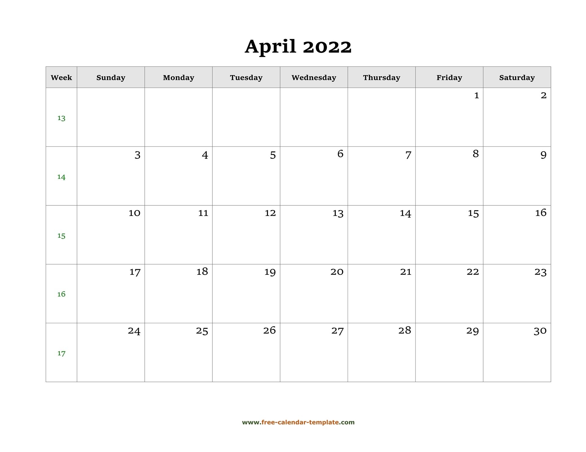Simple April Calendar 2022 Large Box On Each Day For Notes