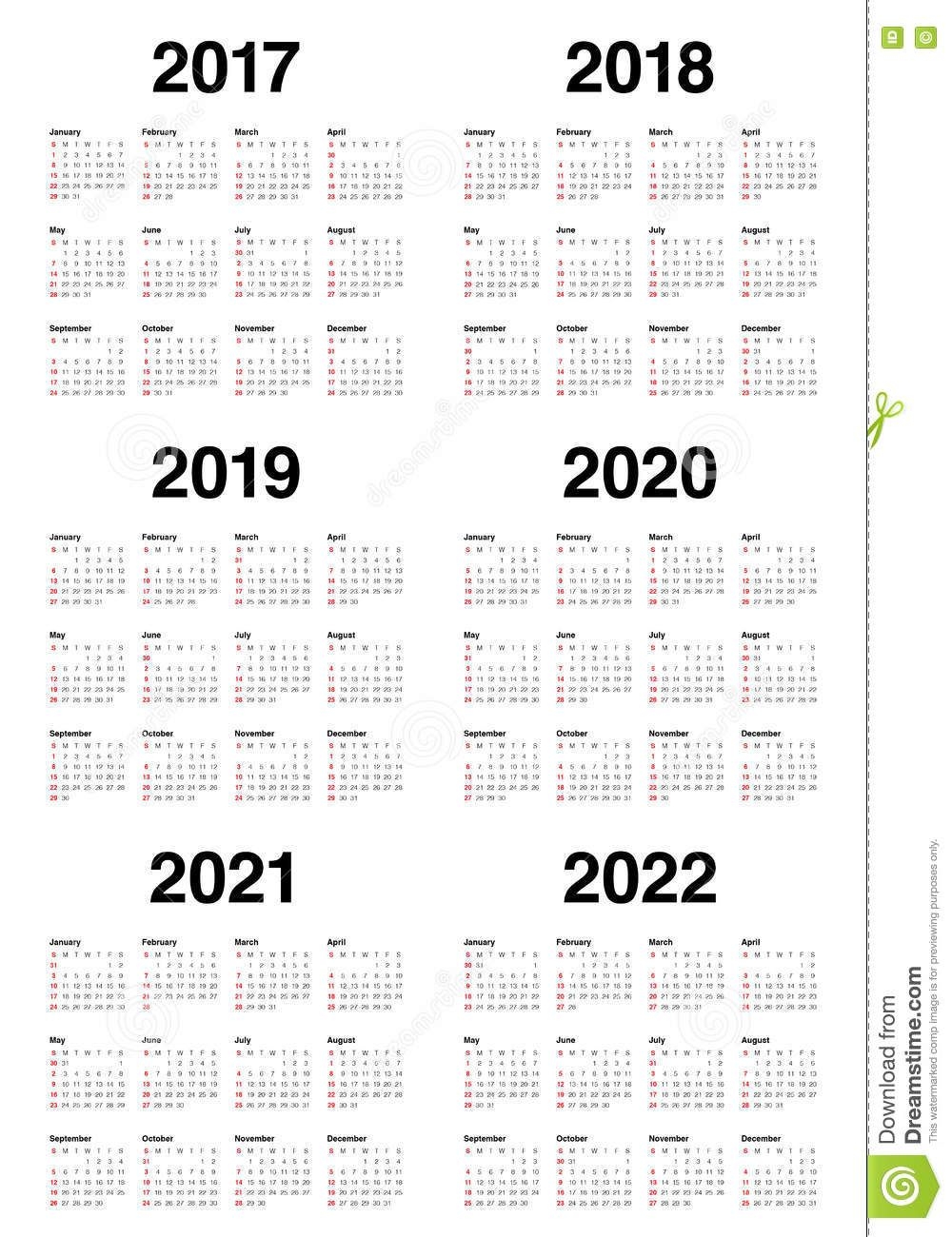 Simple Calendar Template For 2017 To 2022 Stock Vector