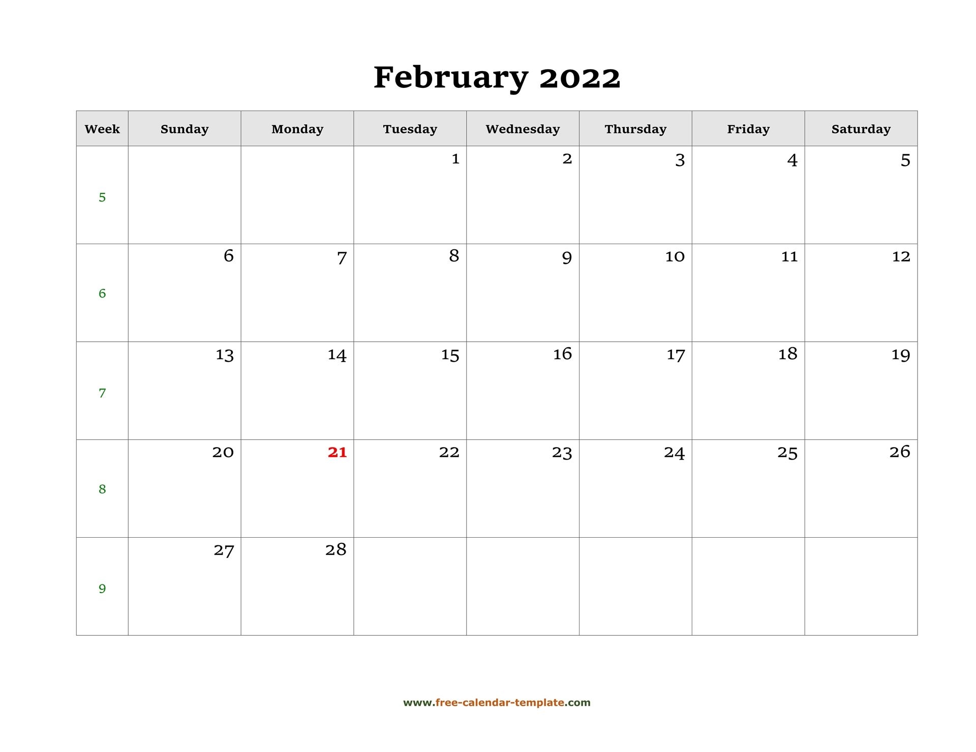 Simple February Calendar 2022 Large Box On Each Day For