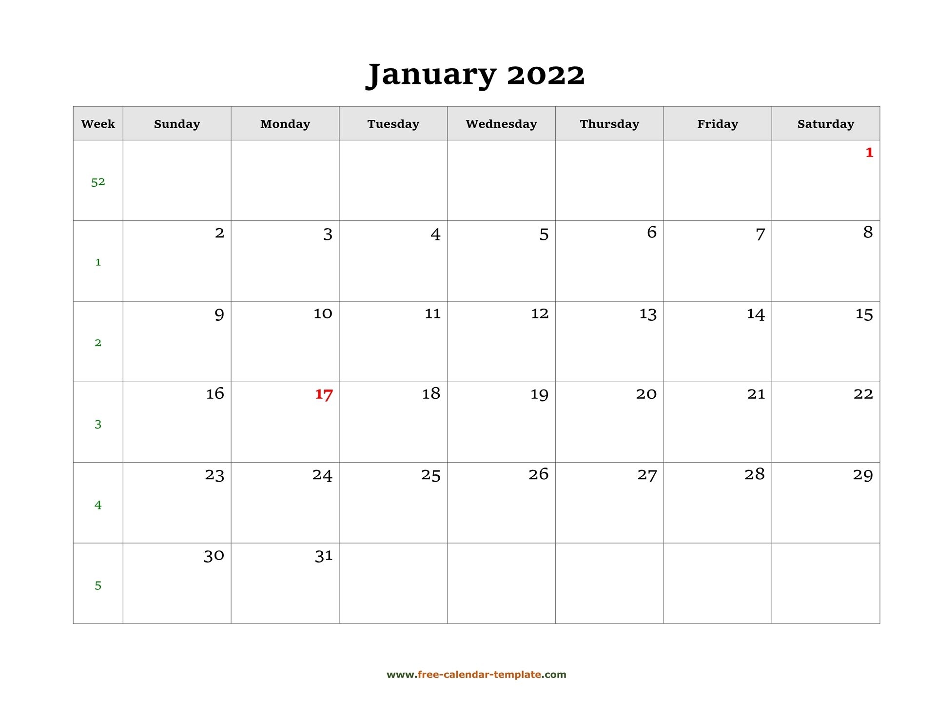 Simple Monthly Calendar 2022 Large Box On Each Day For