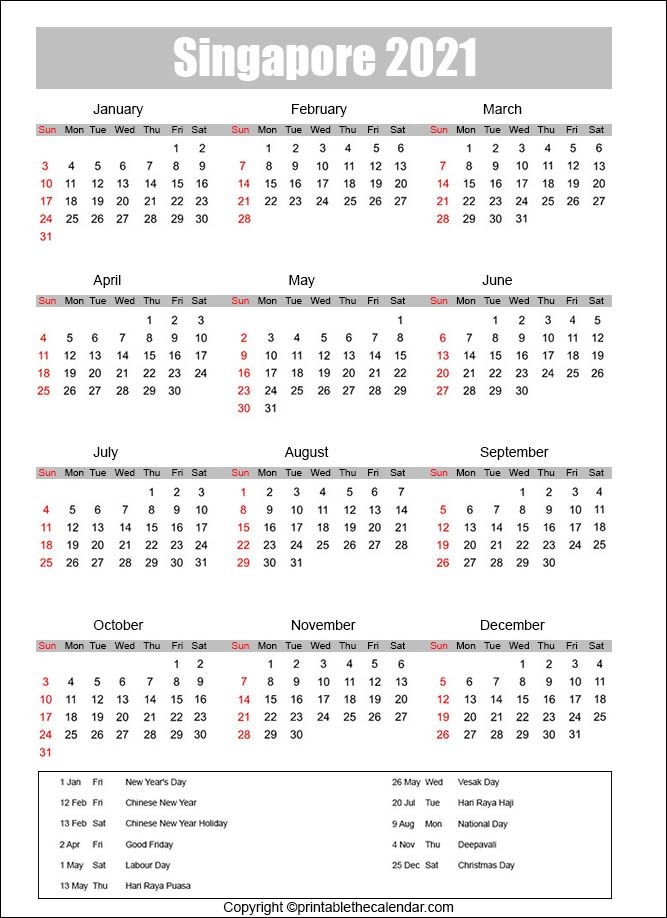 Singapore 2021 Calendar | Printable The Calendar