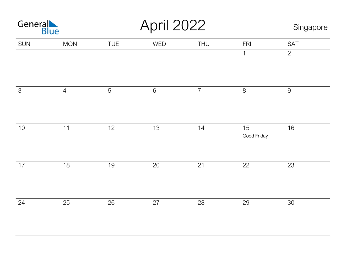Singapore April 2022 Calendar With Holidays