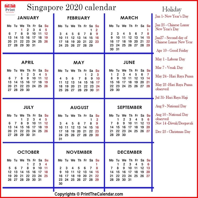 Singapore Holidays 2020 [2020 Calendar With Singapore