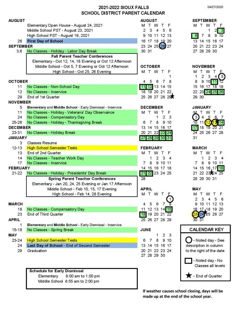 Sioux Falls School District Calendar 2021-2022 - Academic
