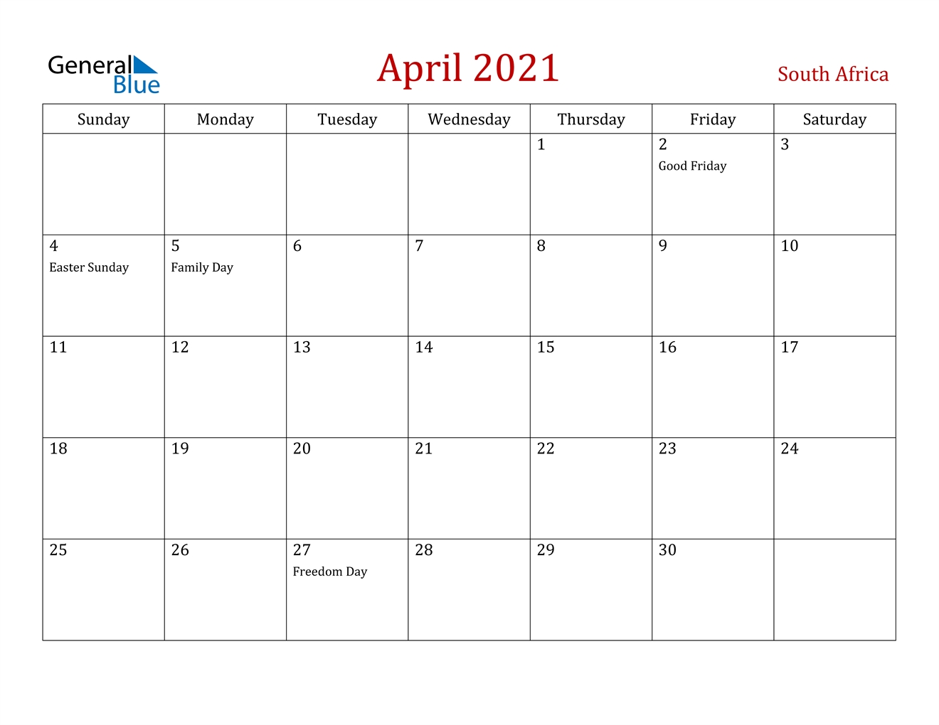 South Africa April 2021 Calendar With Holidays