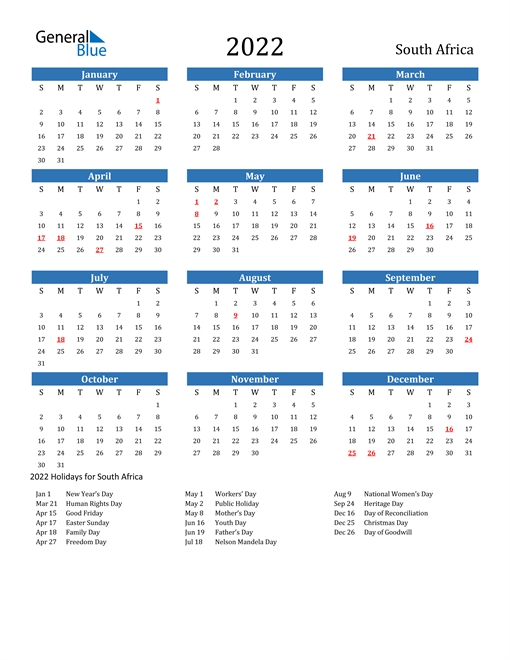 South Africa Calendars With Holidays