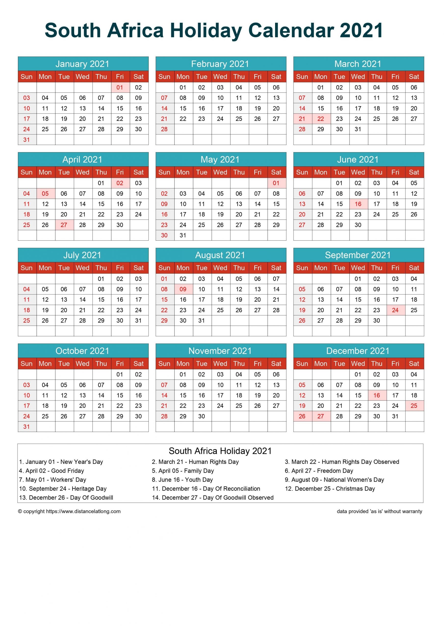 South Africa Holiday Calendar Horizintal Grid Sunday To