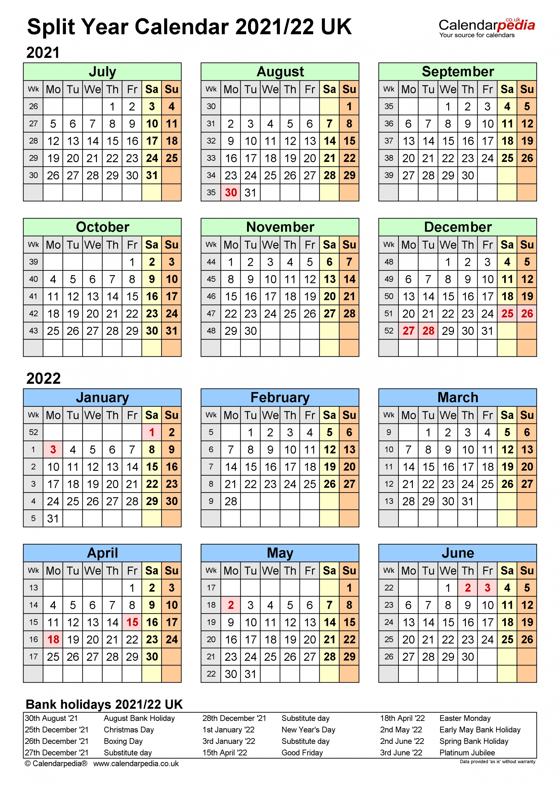 Split Year Calendar 2021 2022 | Printable March