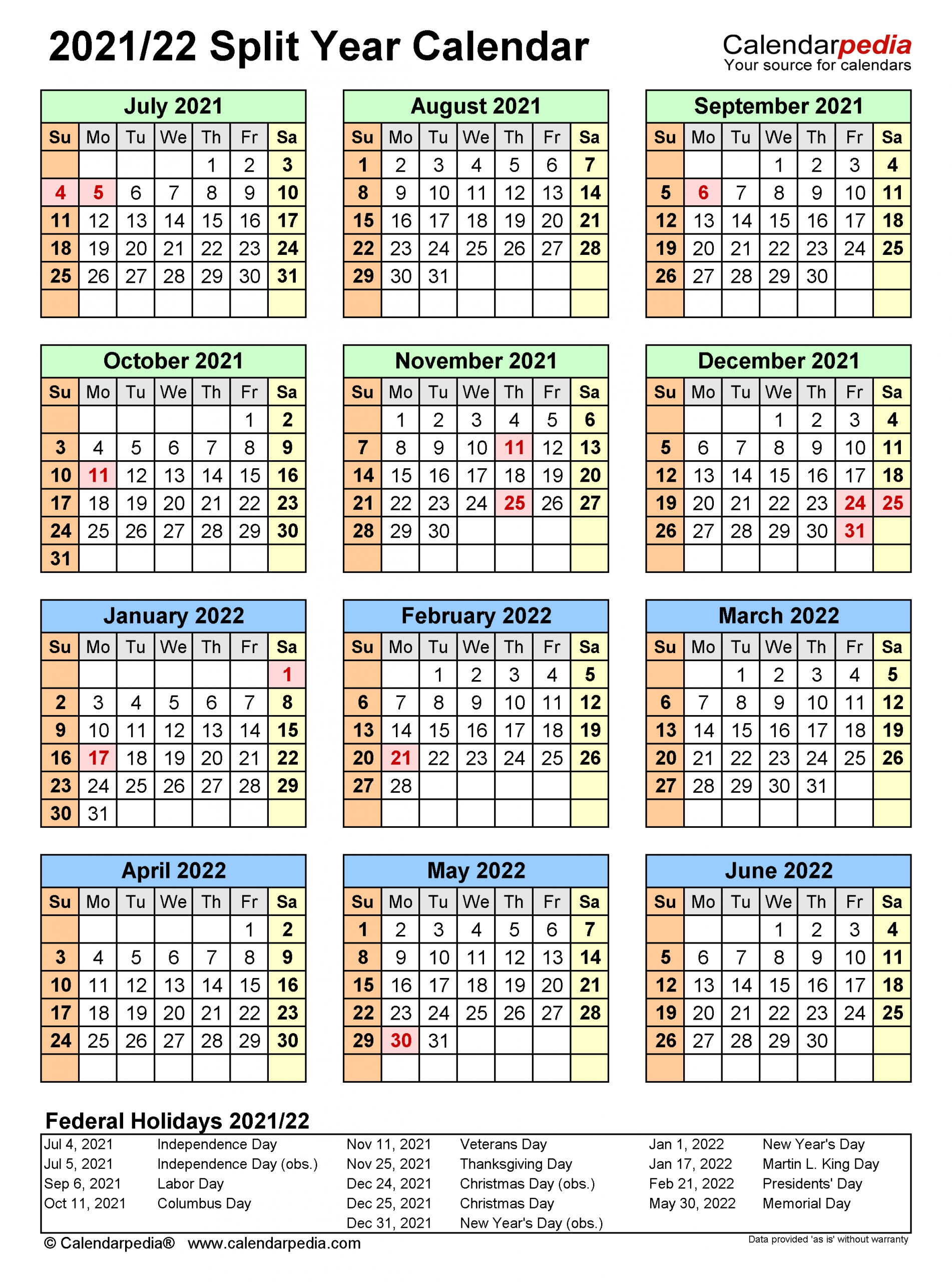 Split Year Calendars 2021/2022 (July To June) - Excel