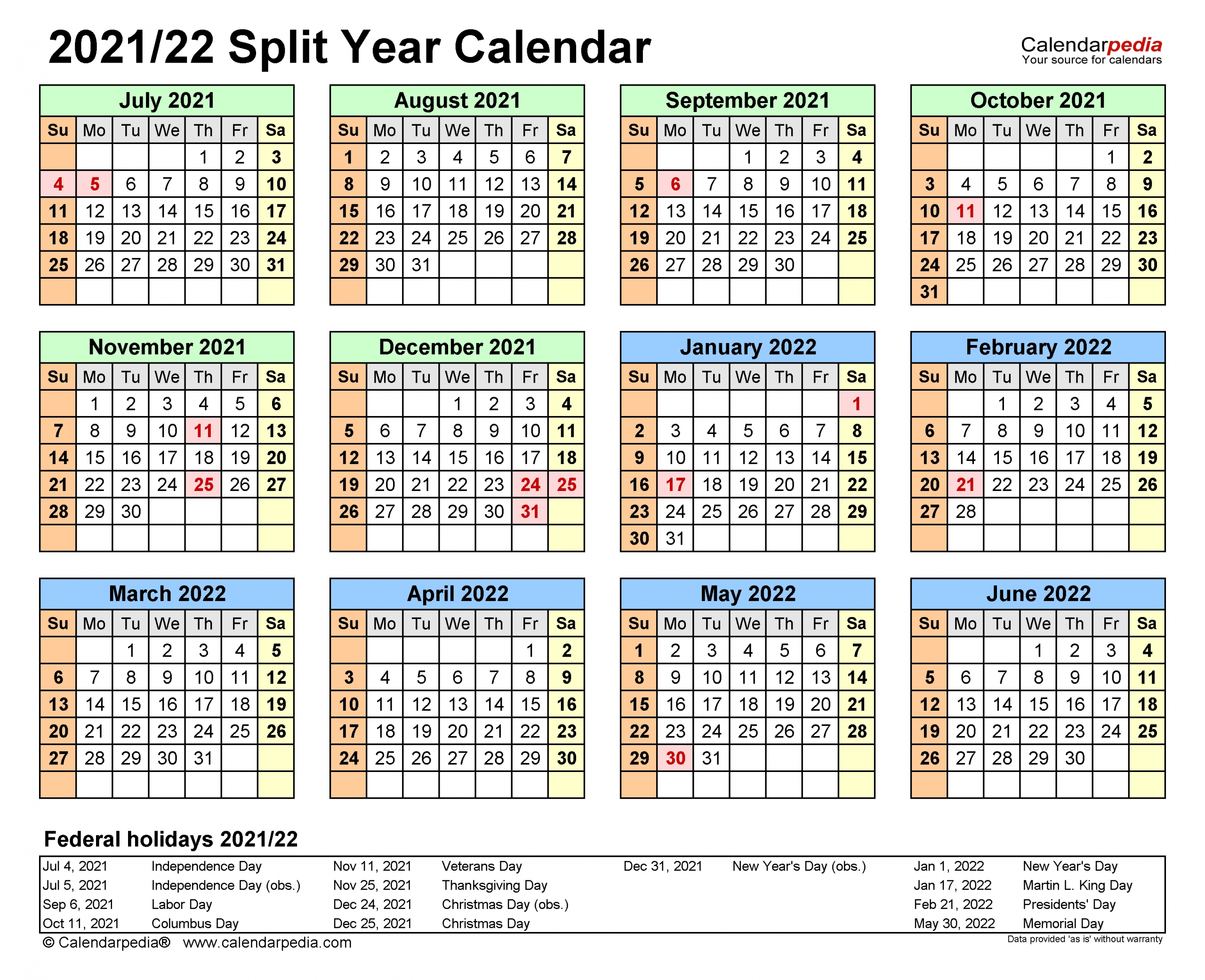 Split Year Calendars 2021/2022 (July To June) - Pdf Templates