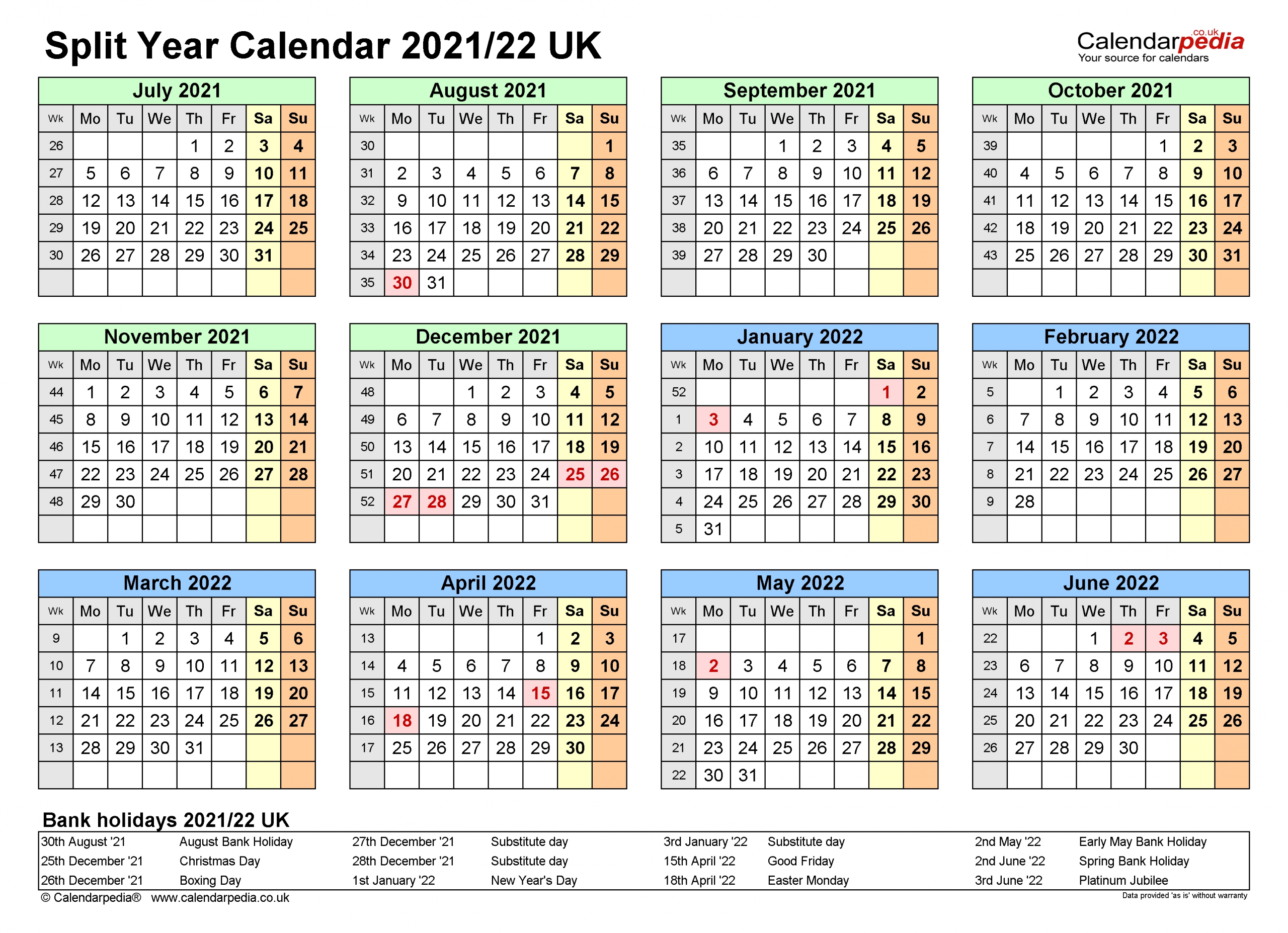 Split Year Calendars 2021/22 Uk (July To June) For Word