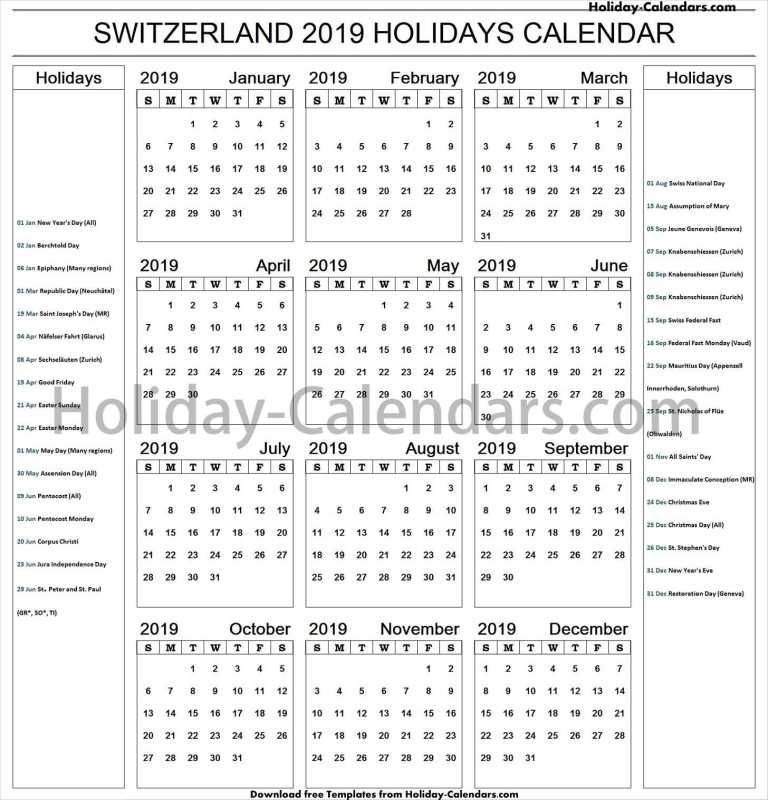Switzerland Bank Holidays 2019 Black &amp; White | Calendar