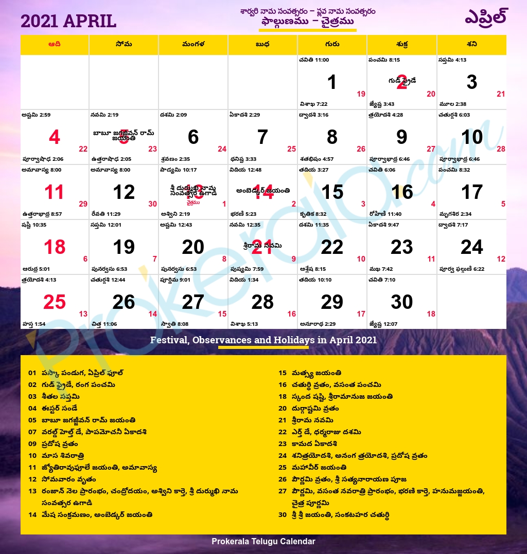 Telugu Calendar April, 2021 | ఎప్రిల్, 2021 క్యాలెండర్
