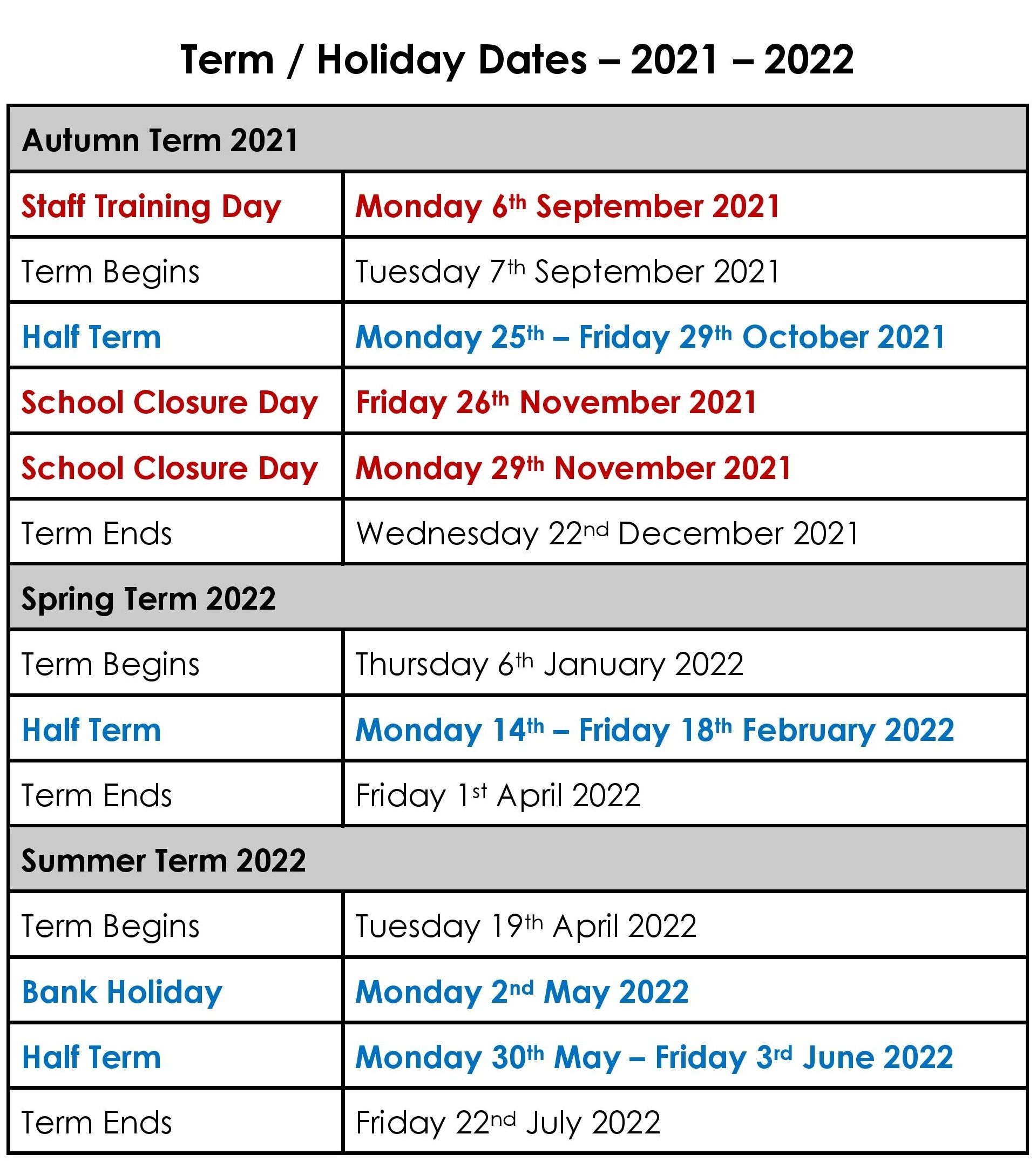 Term/Holiday Dates | Bsca