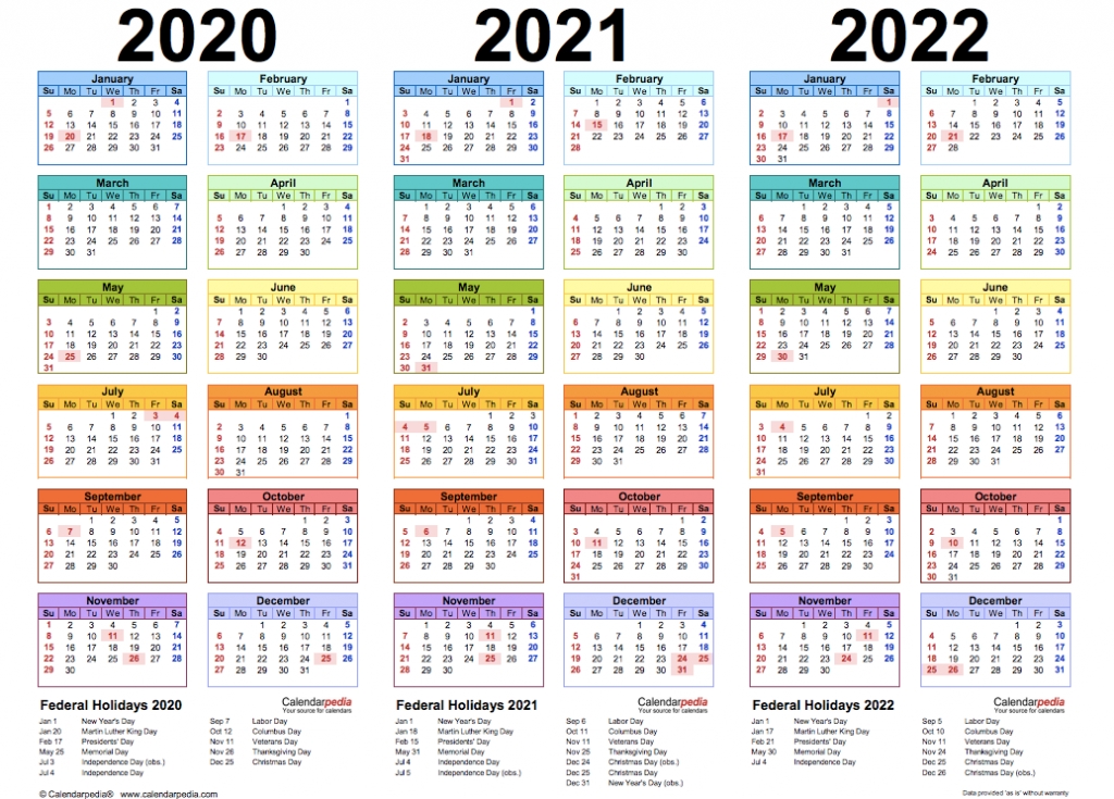 Three Year Calendar 2020/ 2021/ 2022 (Free Printable