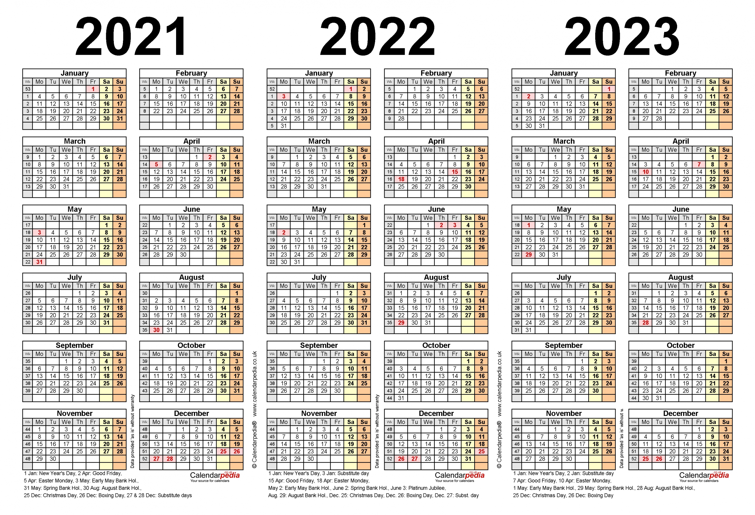 Three Year Calendars For 2021, 2022 &amp; 2023 (Uk) For Word